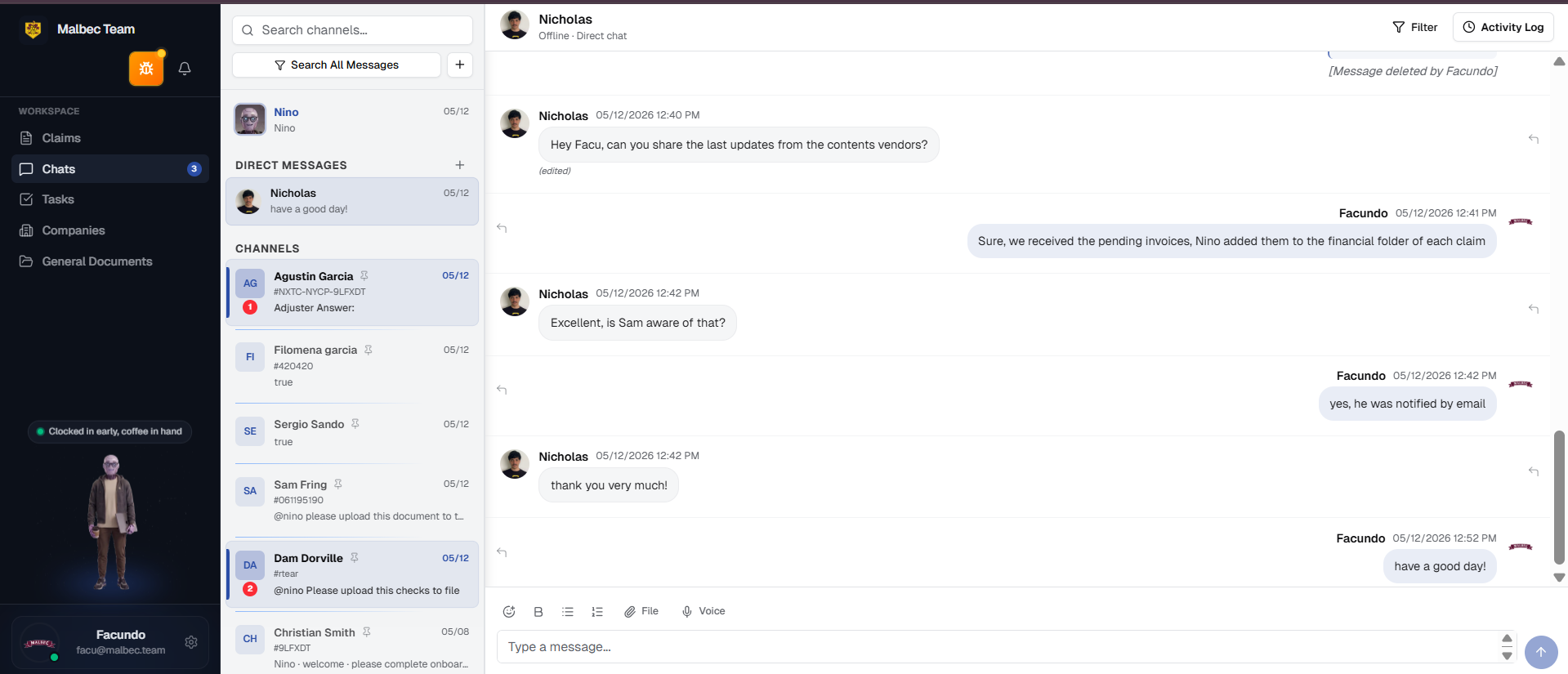 Nino chat — DMs, channels and threads with Nino