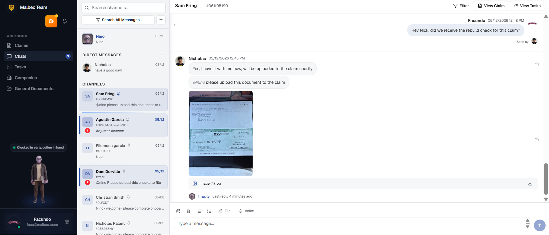 Nino chat — DMs, channels and threads with Nino