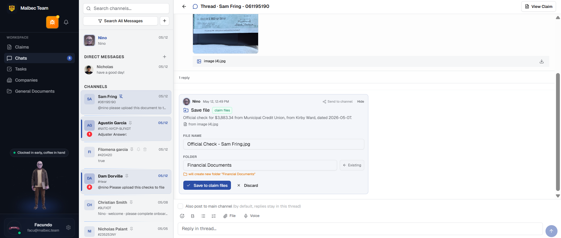 Nino chat — DMs, channels and threads with Nino