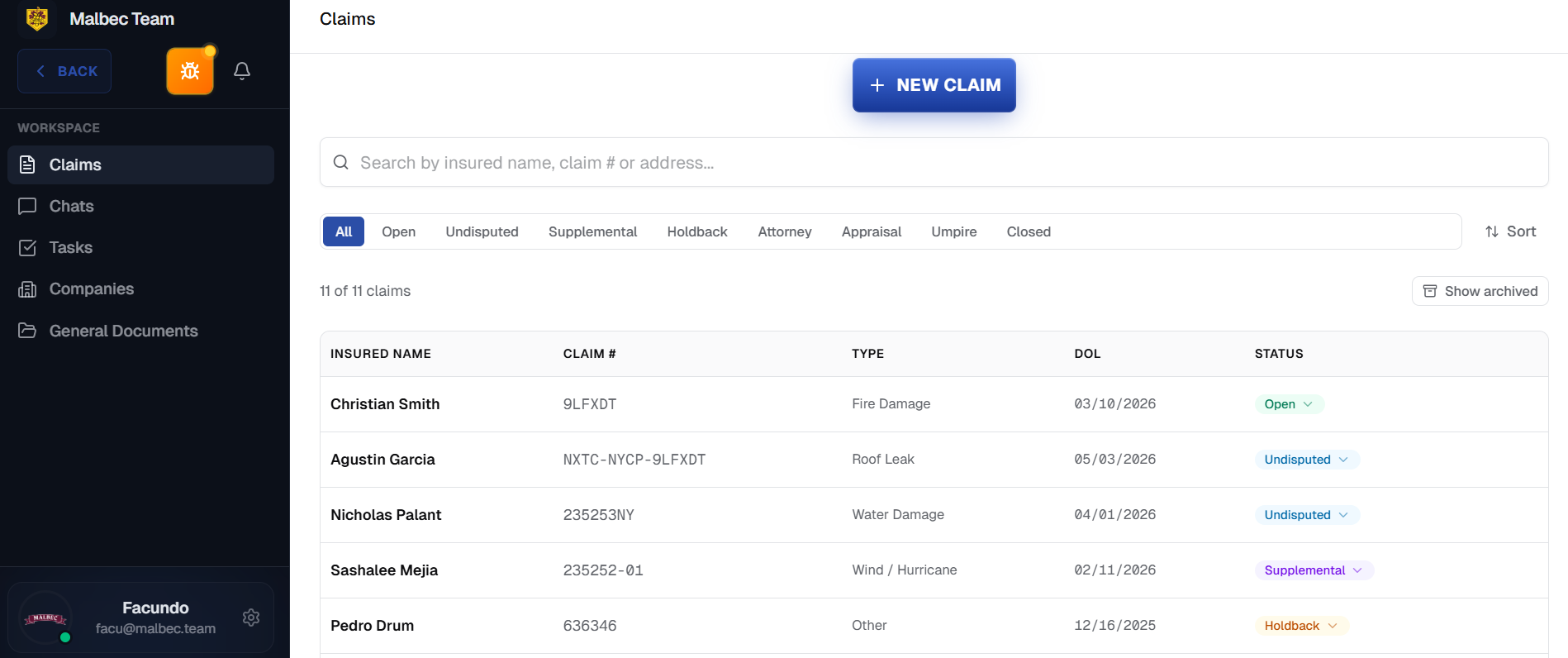 Claims module — list, overview, files, activity, financial