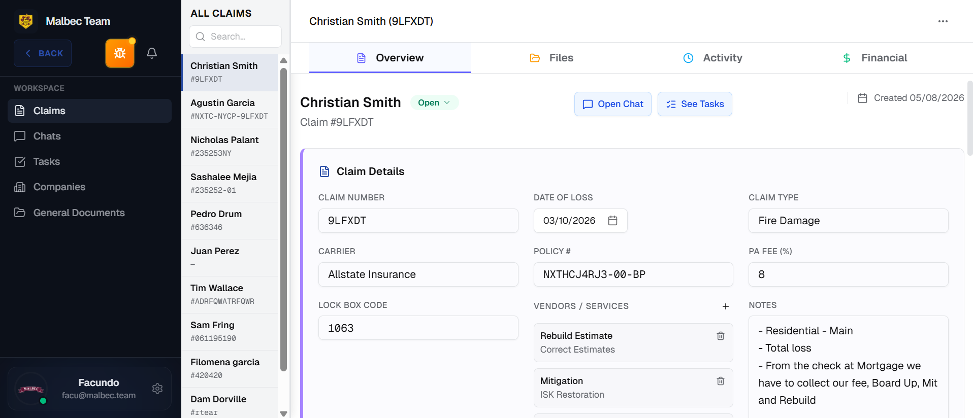 Claims module — list, overview, files, activity, financial