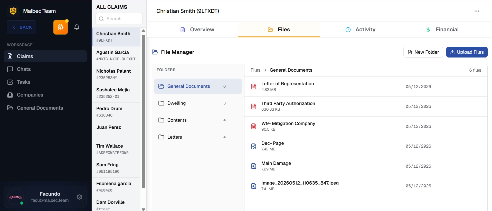 Claims module — list, overview, files, activity, financial