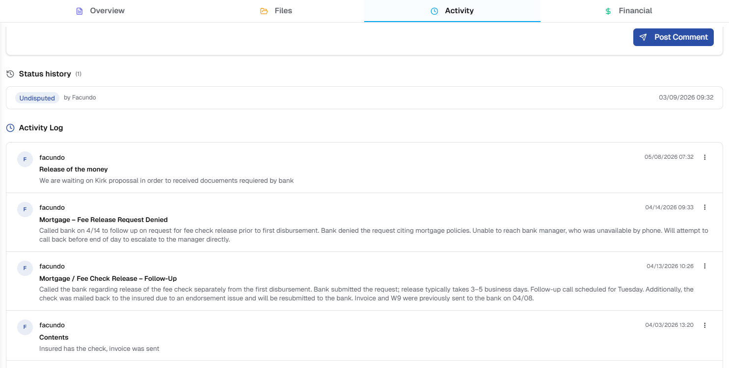 Claims module — list, overview, files, activity, financial