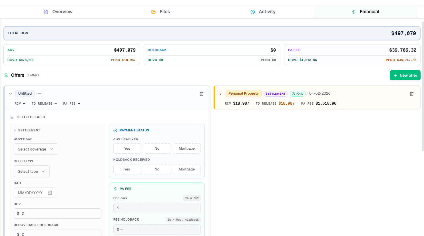 Claims module — list, overview, files, activity, financial