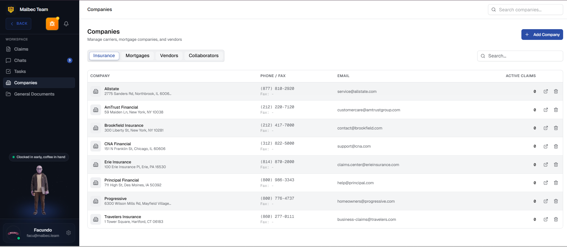 Companies directory — list and edit modal