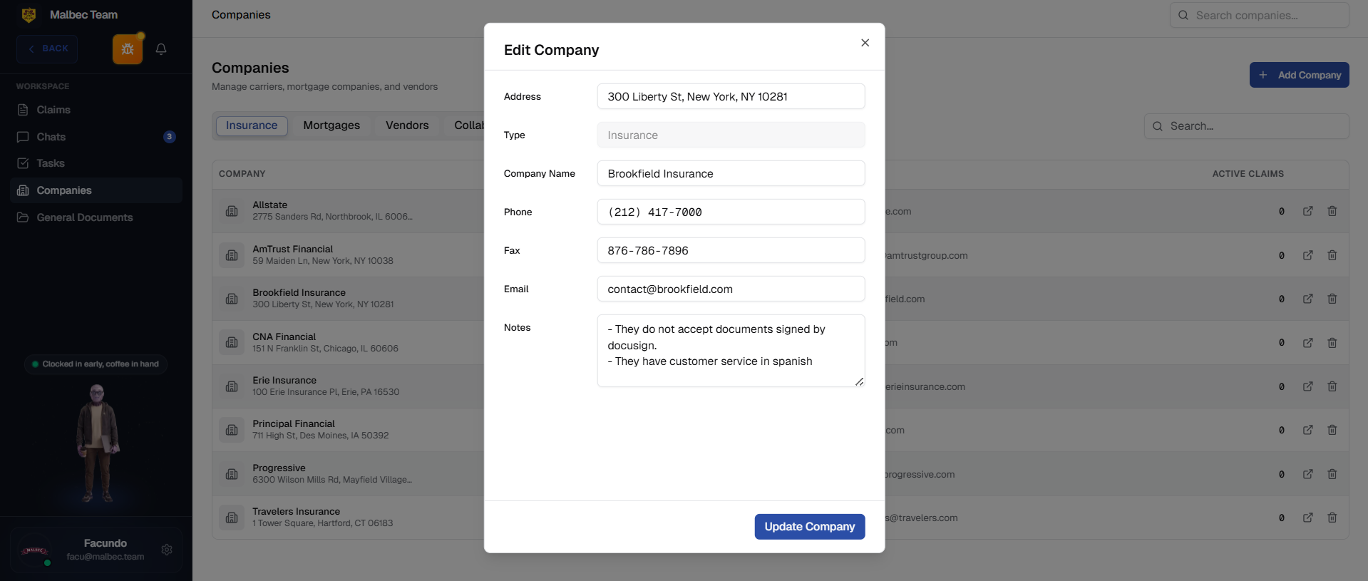 Companies directory — list and edit modal