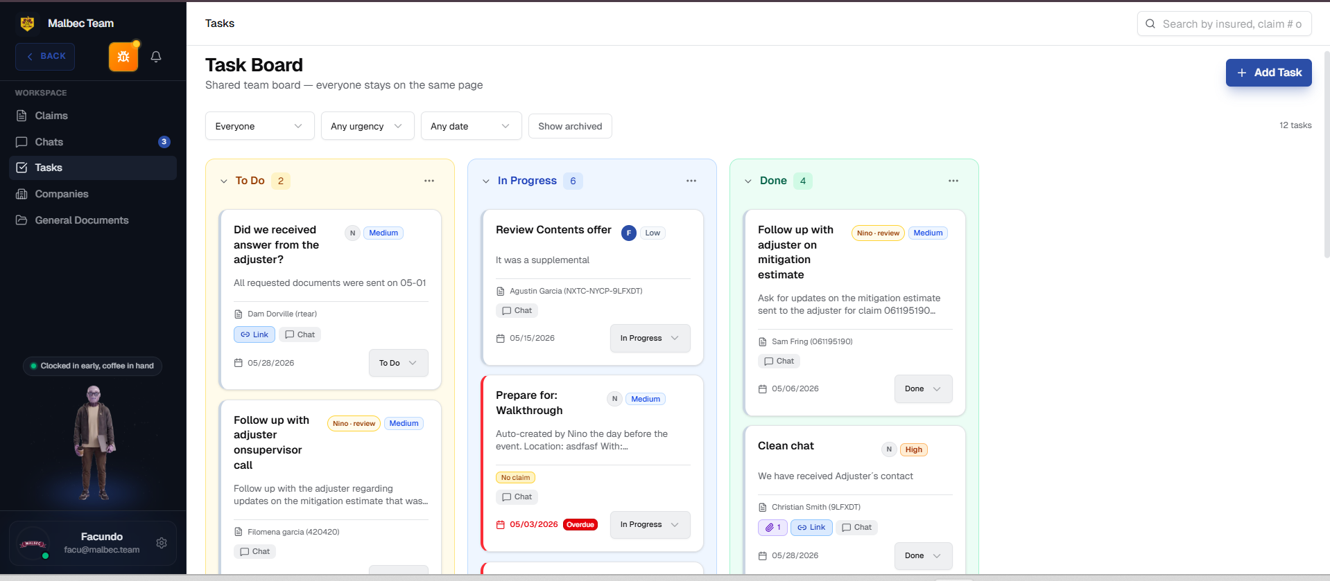 Task board — kanban view and edit modal