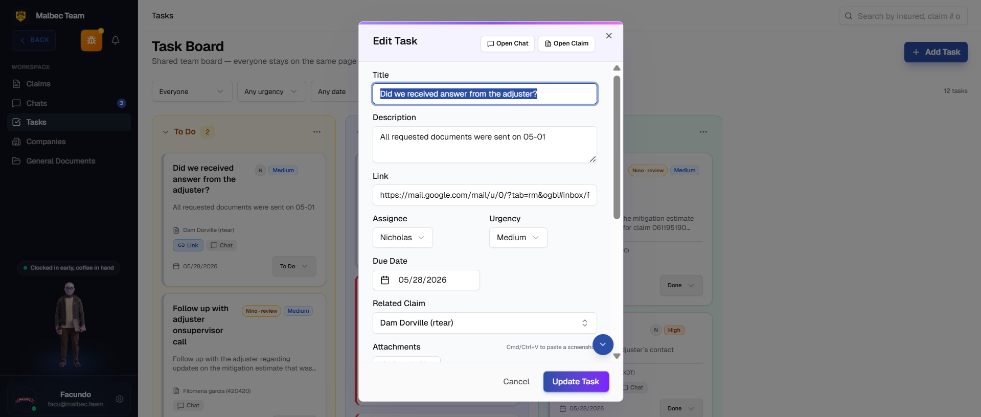 Task board — kanban view and edit modal